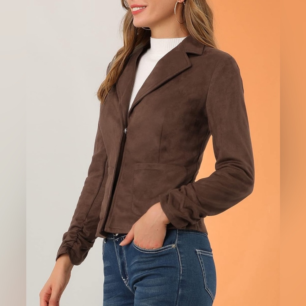 Women's Long Sleeve Casual Open Front Drawstring Faux Suede Blazer - Picture 12 of 12